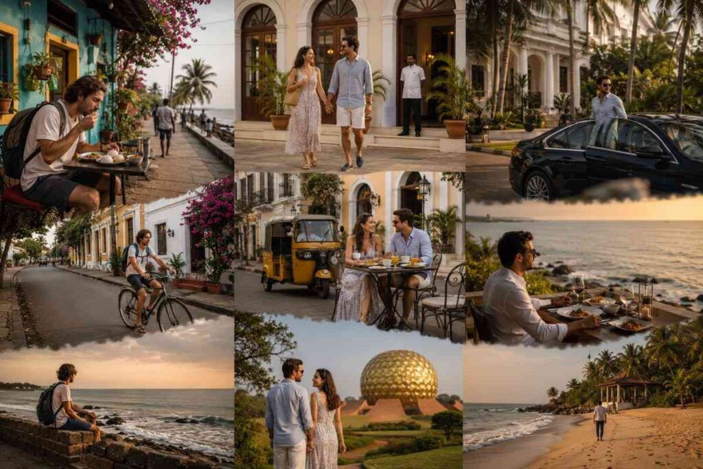 Pondicherry weekend itinerary featuring the French Quarter, White Town, Auroville, Promenade Beach, beachfront cafés, cycling, colonial architecture, and luxury coastal experiences for foreign travelers.