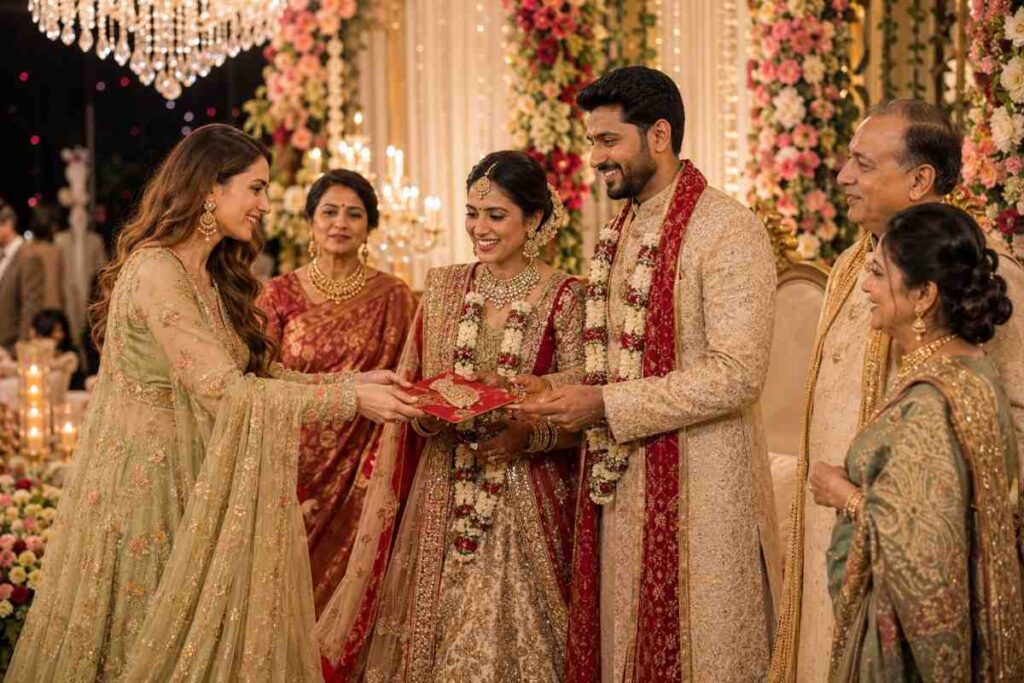 Foreign wedding guest presenting a traditional red shagun envelope to the bride and groom during an elegant Indian wedding reception, surrounded by smiling family members, luxurious floral decorations, and grand ceremonial décor.