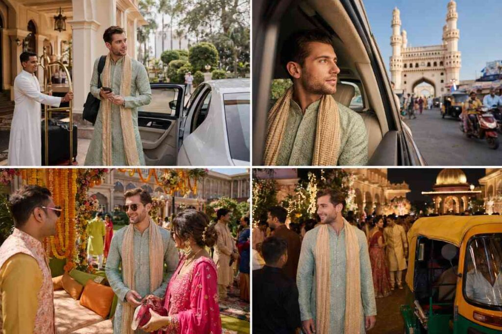 Collage showing a foreign wedding guest arriving at a luxury hotel, exploring Hyderabad in traditional attire, meeting guests at a colorful Indian wedding venue, and traveling between celebrations in an auto-rickshaw.