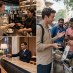 Collage of a foreign traveler making payments across India at an airport café, luxury hotel reception, and street food stall, highlighting the contrast between card payments and widespread QR code-based digital payments.