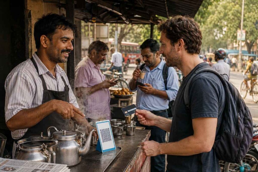 Foreign traveler at a busy Indian roadside tea stall holding an international bank card while the chai vendor points to a UPI QR code, illustrating India's QR-first digital payment culture.