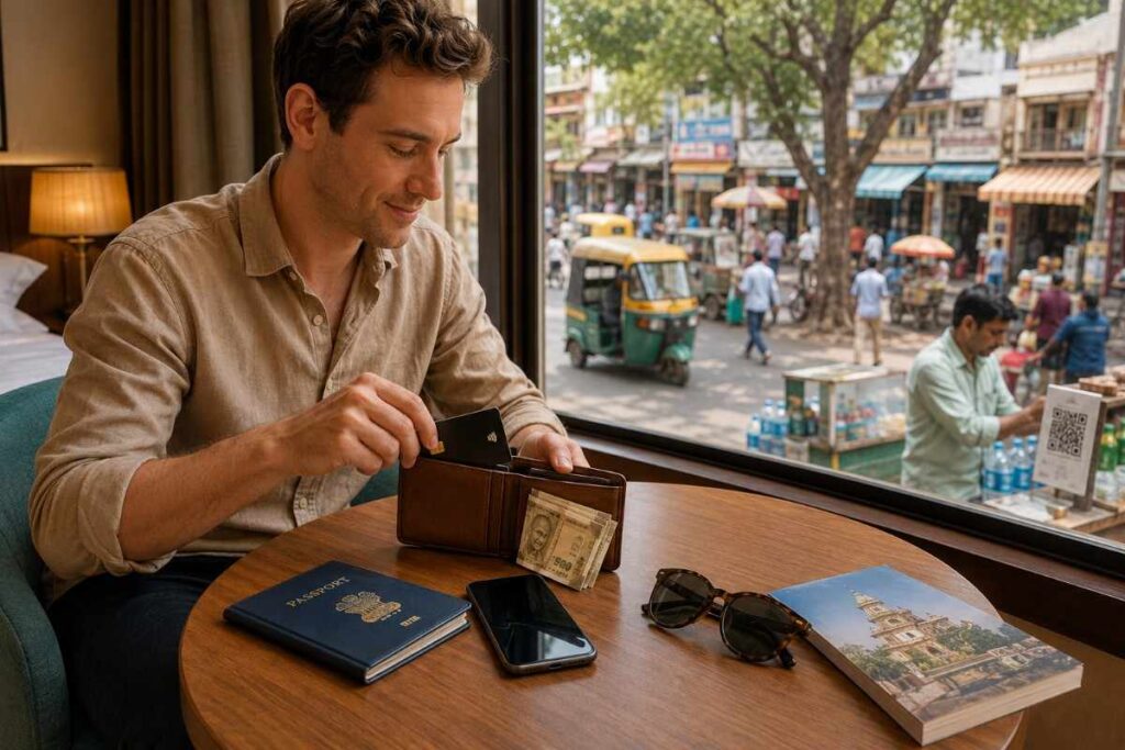 Foreign traveler organizing cash, an international bank card, passport, and smartphone in a hotel room while overlooking a busy Indian street, highlighting practical payment preparation for travel in India.