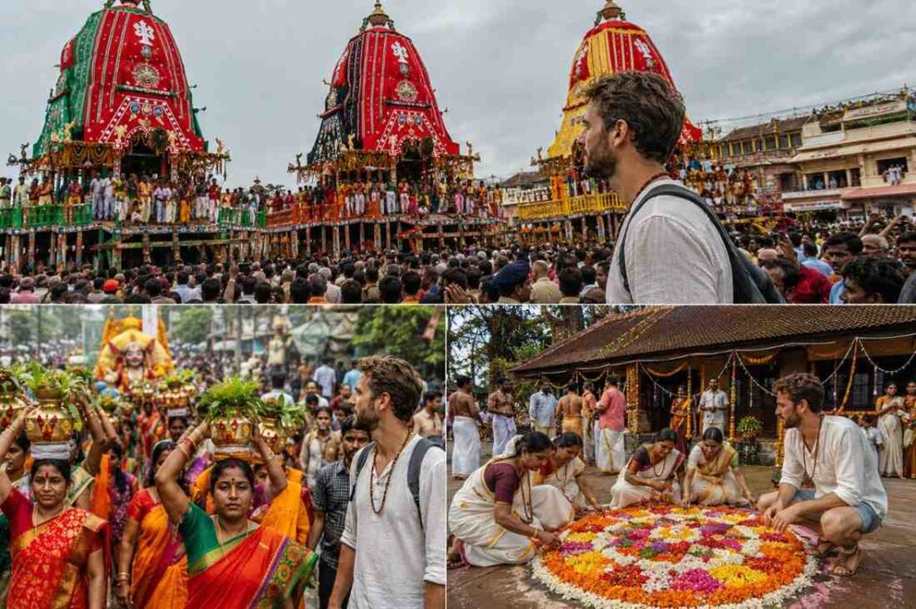 Foreign traveller experiences India's iconic July festivals, witnessing the Rath Yatra in Puri, Bonalu celebrations in Hyderabad, and creating a traditional Onam floral rangoli with local families in Kerala.
