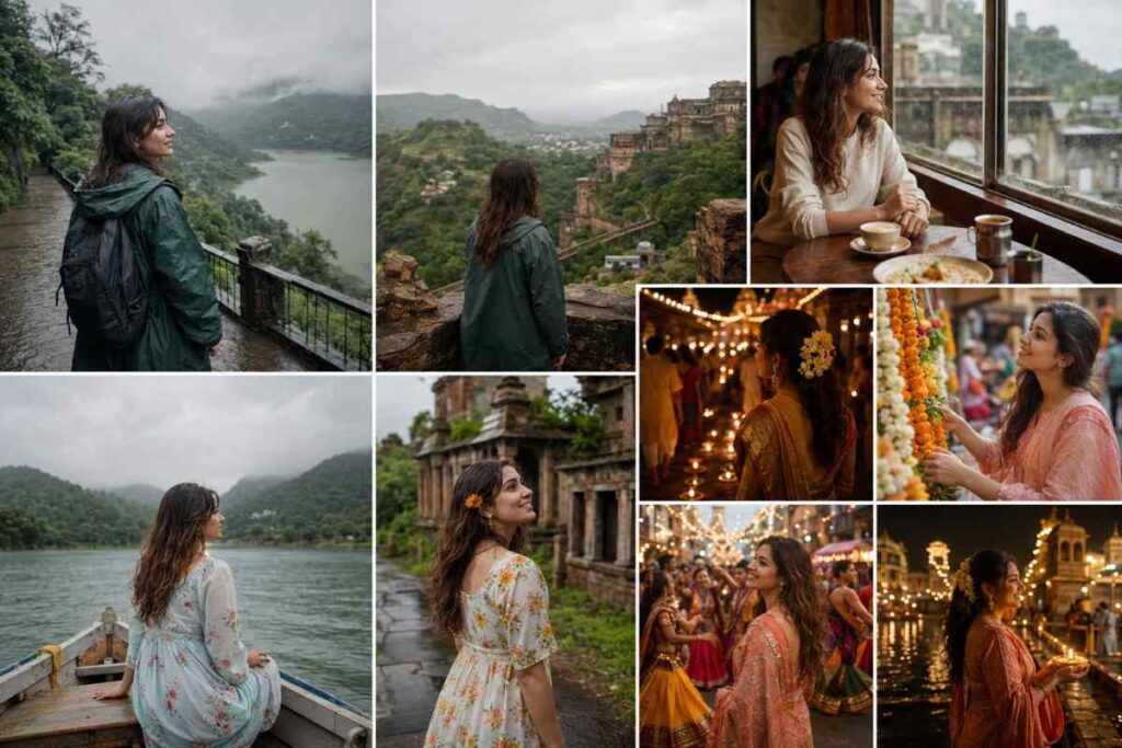 A traveler experiences India's transformation from July monsoon landscapes in Udaipur to vibrant late August and September festivals, showcasing rain-soaked lakes, heritage sites, cafés, and festive evenings.