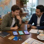 Travel consultant helping an international traveler compare cashless payment options, travel cards, and mobile payment apps while planning a trip to India.