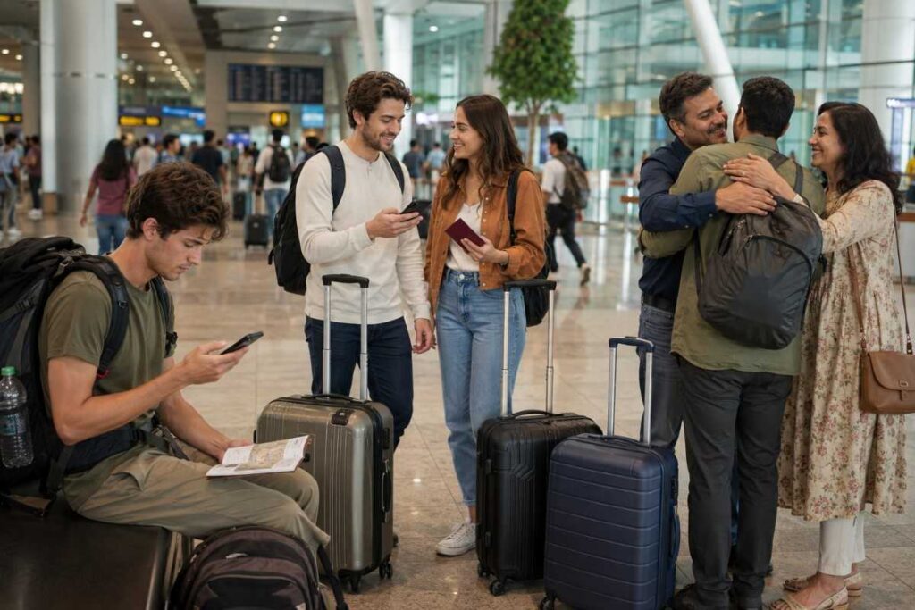 Foreign travelers arriving at an Indian airport, meeting family, checking travel details, and preparing for a cashless trip with luggage and passports.