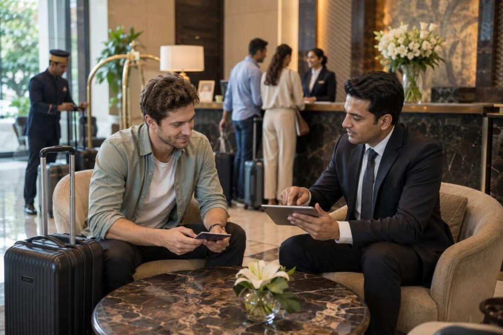 Hotel concierge assisting an international traveler with digital payment setup and identity verification for cashless travel in India.
