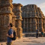 Traveler exploring the intricate stone carvings of Hoysala temple architecture in Karnataka, India.