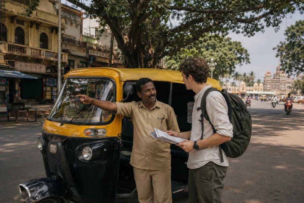 Foreign traveler getting directions from an auto rickshaw driver in Mysore, Karnataka.