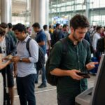 International traveler checking wallet balance at an airport ATM after a cash withdrawal in India.