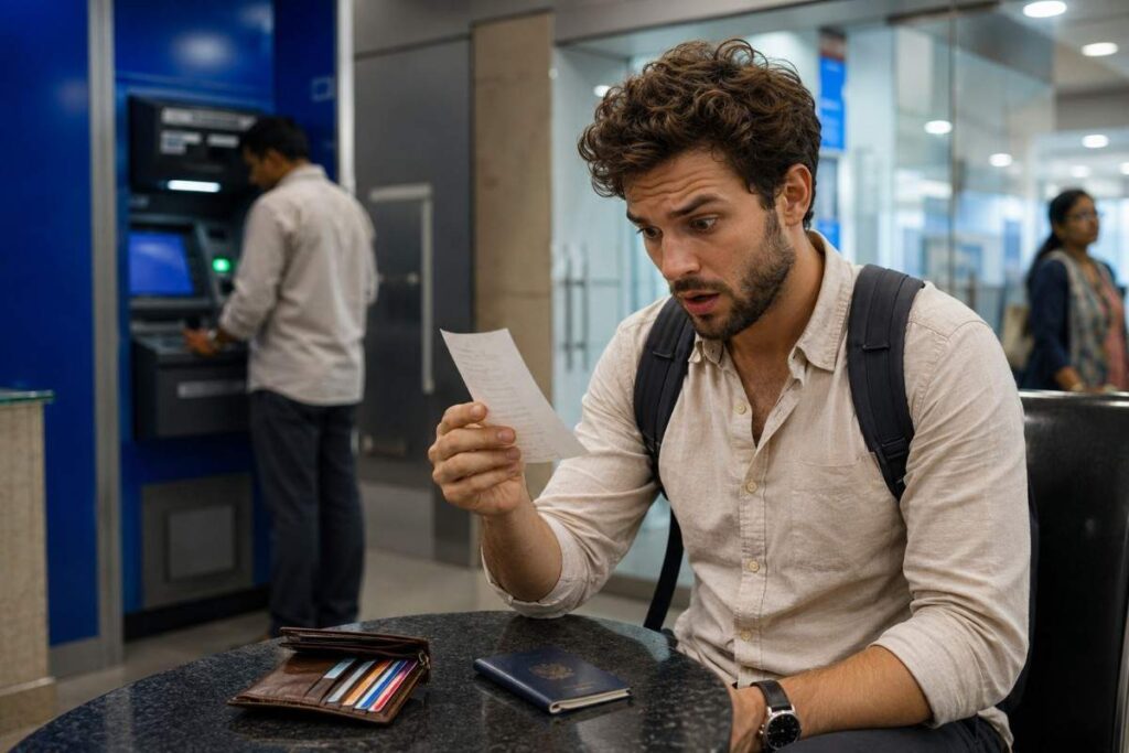 International traveler reviewing an ATM receipt after a cash withdrawal at an Indian bank branch.