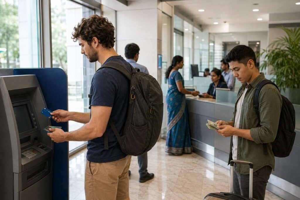 Foreign traveler using an ATM in India while another traveler counts cash inside a bank branch.