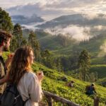 Travelers enjoying panoramic views of Munnar tea plantations while sipping fresh tea at a scenic viewpoint.