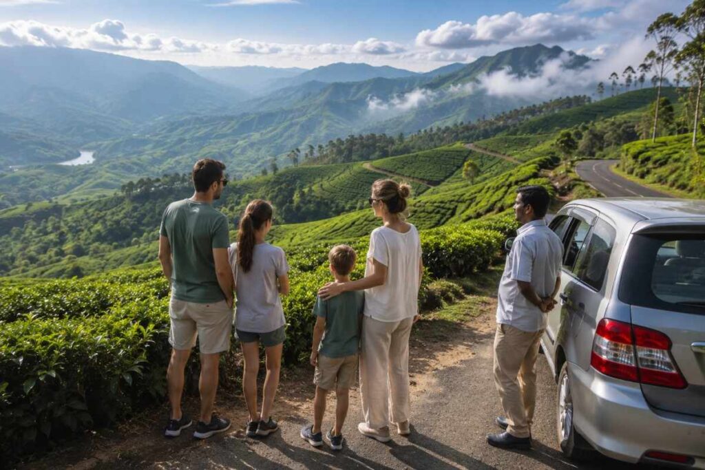 Family enjoying a scenic viewpoint over Munnar tea plantations with a hired taxi and local driver during a tea estate sightseeing tour in Kerala.