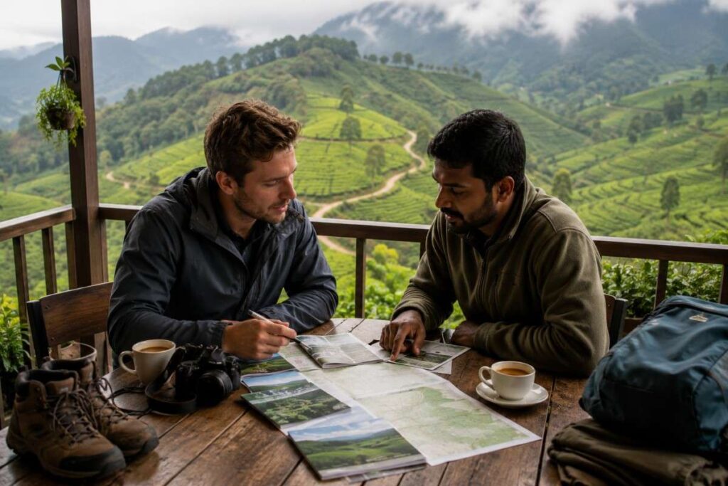 Traveler planning a Munnar tea estate tour with a local guide over maps at a scenic viewpoint overlooking lush tea plantations in Kerala.