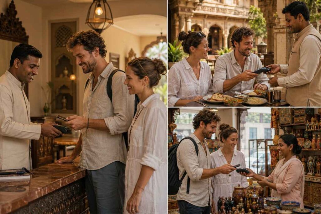 Collage of international travelers making digital UPI payments at hotels, restaurants, and local markets across India, highlighting seamless cashless travel experiences.