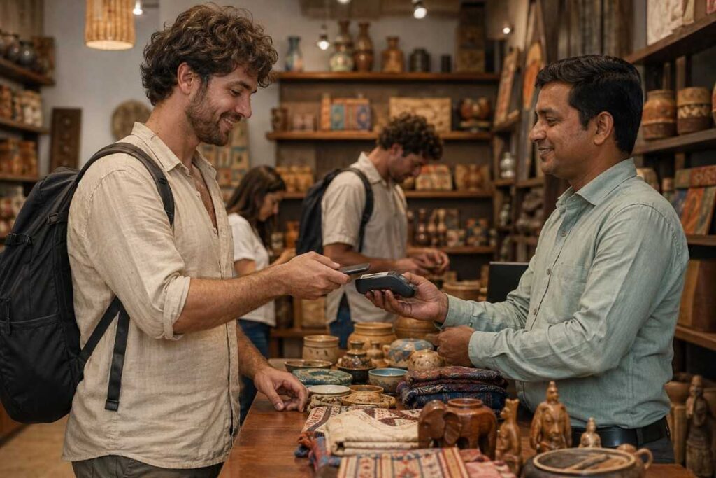 International traveler paying with UPI at a local handicraft shop in India while purchasing traditional souvenirs from a smiling local artisan.