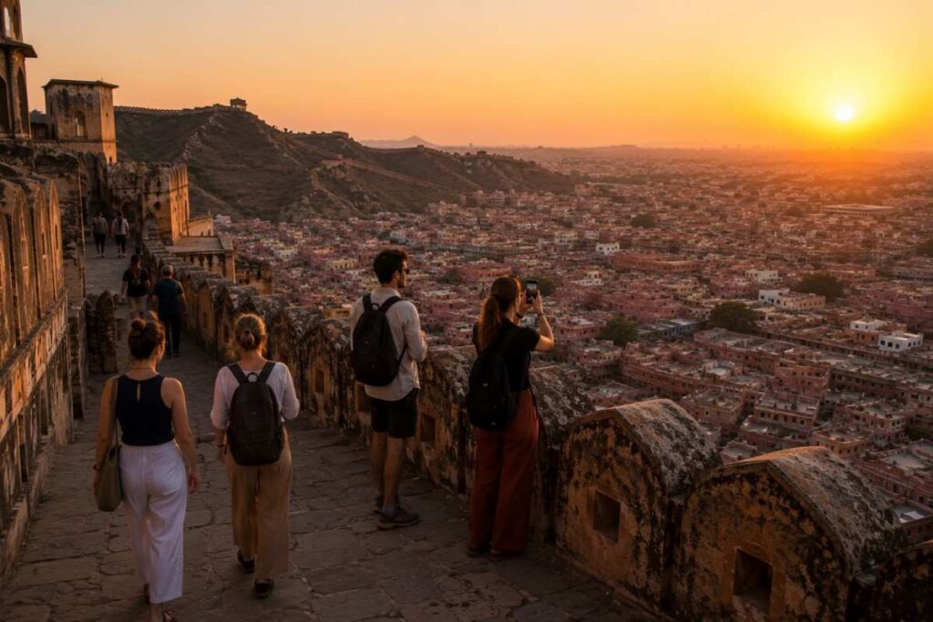 Tourists enjoying a sunset view over Jaipur's Pink City from Nahargarh Fort during a 2-day Jaipur sightseeing itinerary.