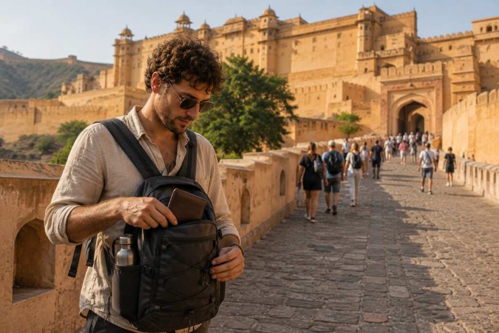 Tourist securing a wallet before entering Amer Fort in Jaipur, highlighting safe travel and essential sightseeing during a 2-day Jaipur itinerary.