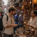 Tourist shopping for traditional handicrafts in Jaipur's bustling market while interacting with a local artisan during a 2-day Jaipur travel itinerary.