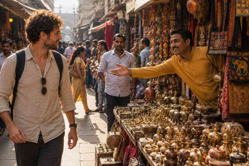 Tourist walking away from a handicraft stall in an Indian market as a friendly shopkeeper calls them back, demonstrating a common bargaining tactic in India.