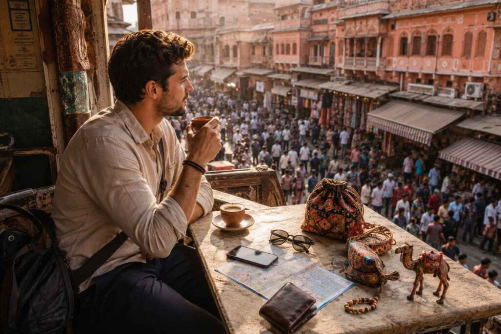 Tourist relaxing with chai while overlooking Jaipur's bustling market after shopping, with local handicrafts and souvenirs from a successful bargaining experience.