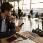 Foreign tourist waiting at an airport with passport, boarding pass, and smartphone while preparing for travel to India using digital payment options.