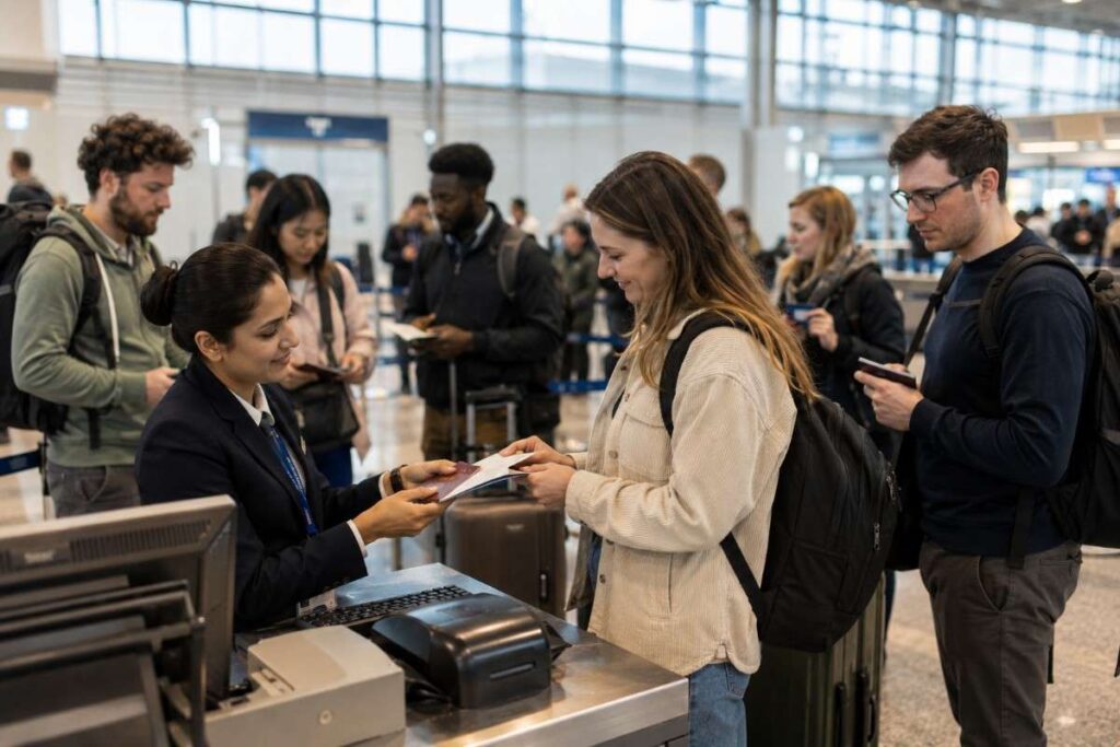 Foreign tourist completing airport immigration and passport verification on arrival in India before activating a UPI wallet for digital payments.