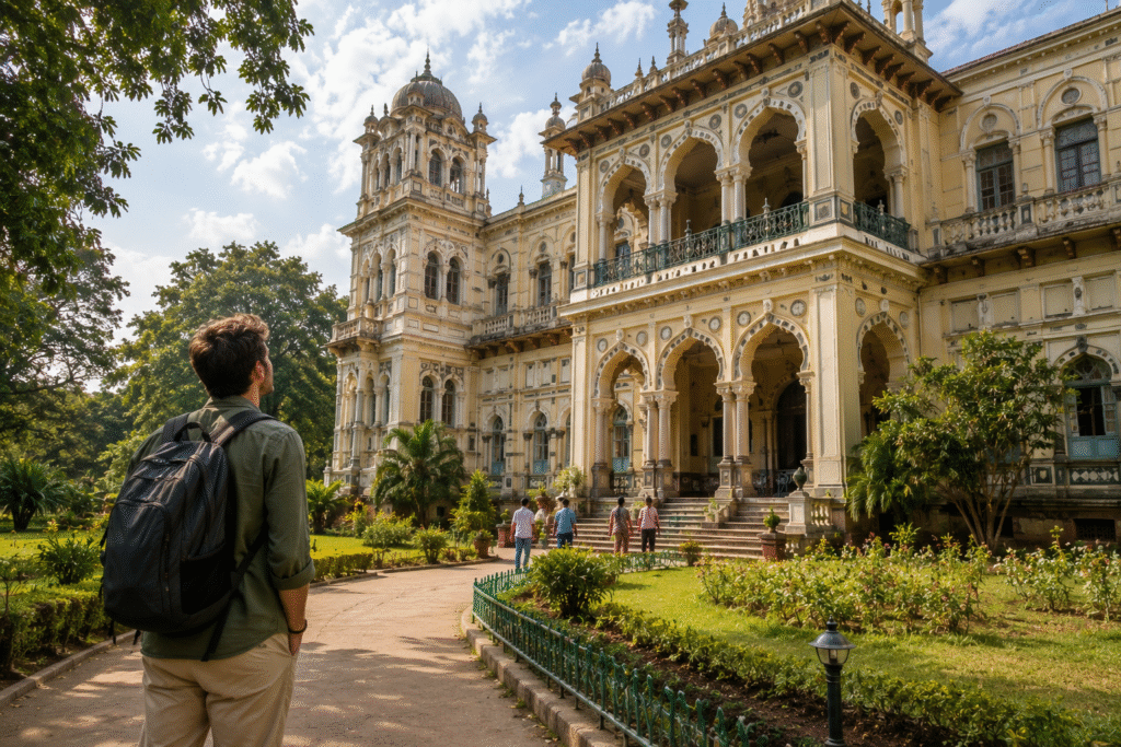 Traveler exploring Jayalakshmi Vilas Mansion and the Folklore Museum in Mysore, Karnataka.