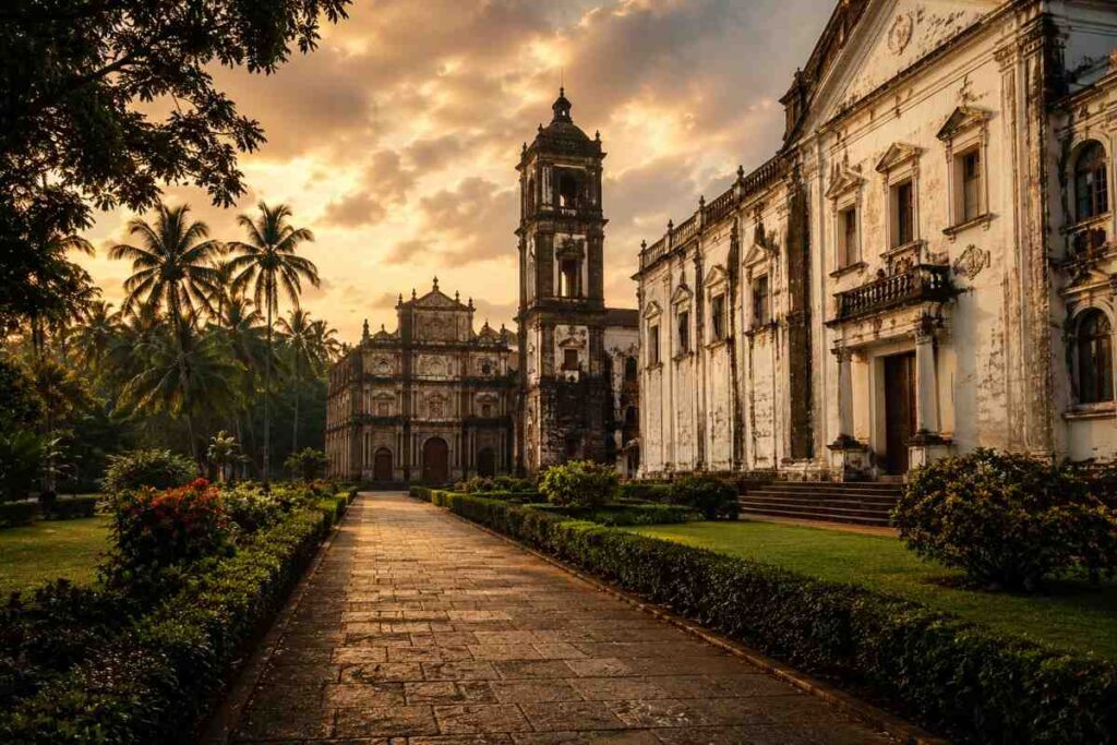 Historic churches in Old Goa at sunset, showcasing Portuguese colonial architecture, palm trees, and landscaped gardens in a UNESCO World Heritage site.