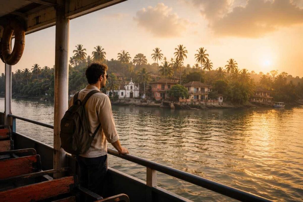 Foreign traveler enjoying a ferry ride to Divar Island in Goa, overlooking riverside Portuguese-style homes, palm trees, and a peaceful sunset landscape.