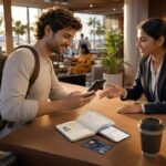 Foreign traveler completing UPI wallet verification with a customer service executive at an airport lounge, with passport, payment card, smartphone, and QR code on the counter