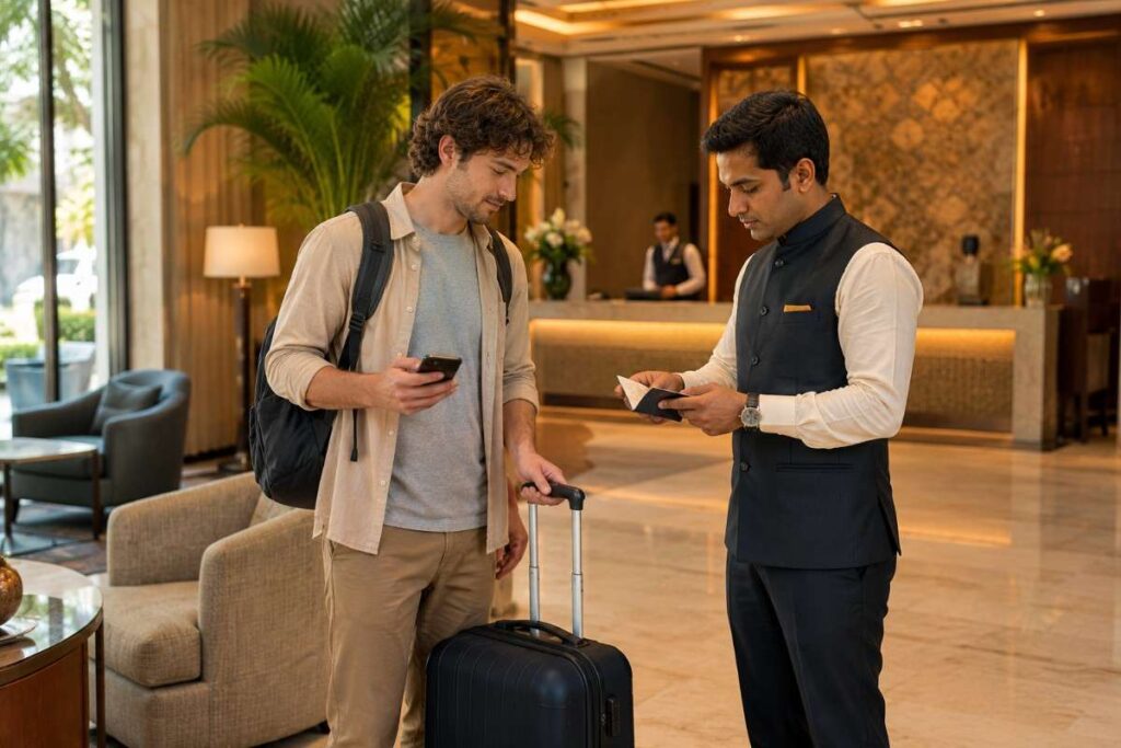 Foreign tourist completing passport verification with a hotel staff member at a premium hotel lobby in India before activating a UPI wallet for digital payments.