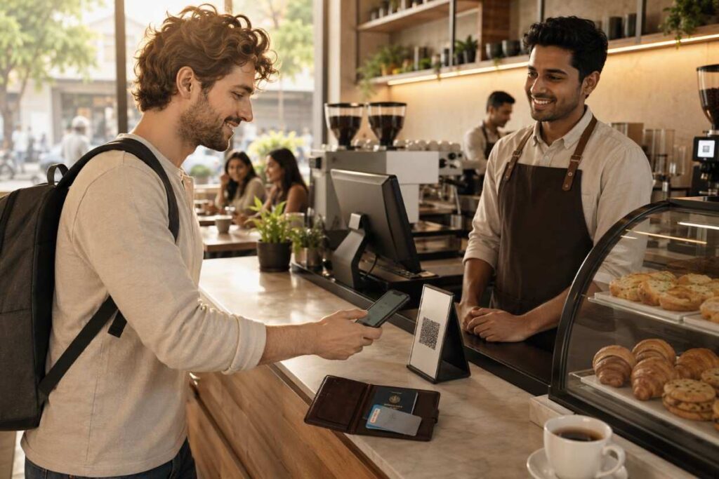 Foreign traveler paying at a café in India by scanning a UPI QR code with a smartphone while a barista completes the contactless payment at the counter.