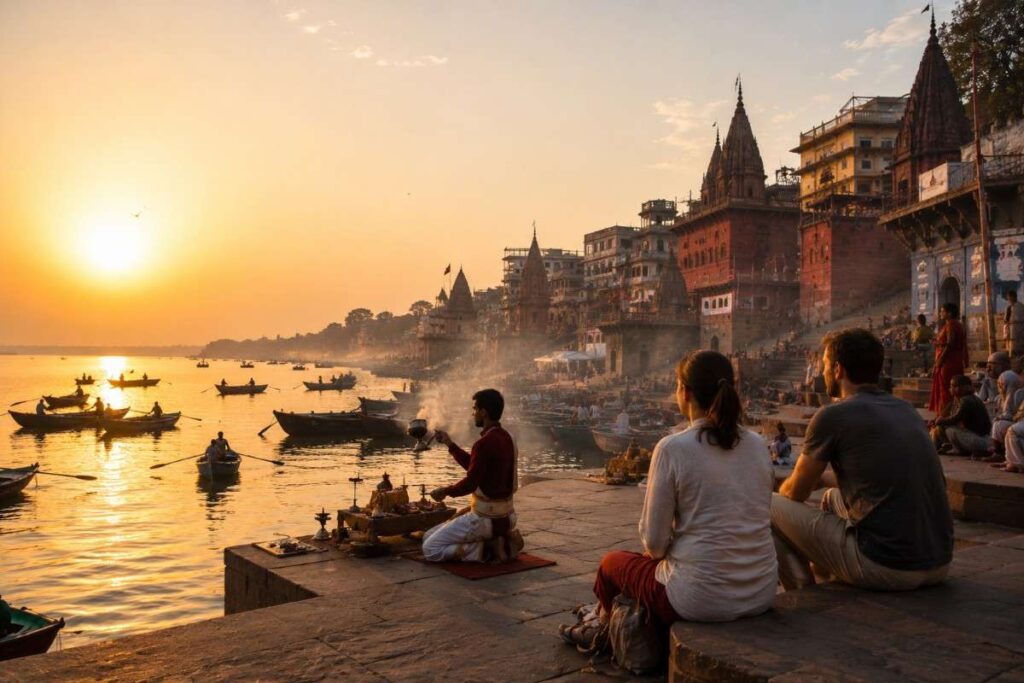 Travelers watching the sunrise over Varanasi's ghats as a priest performs a morning Ganga ritual, with boats floating on the Ganges River."