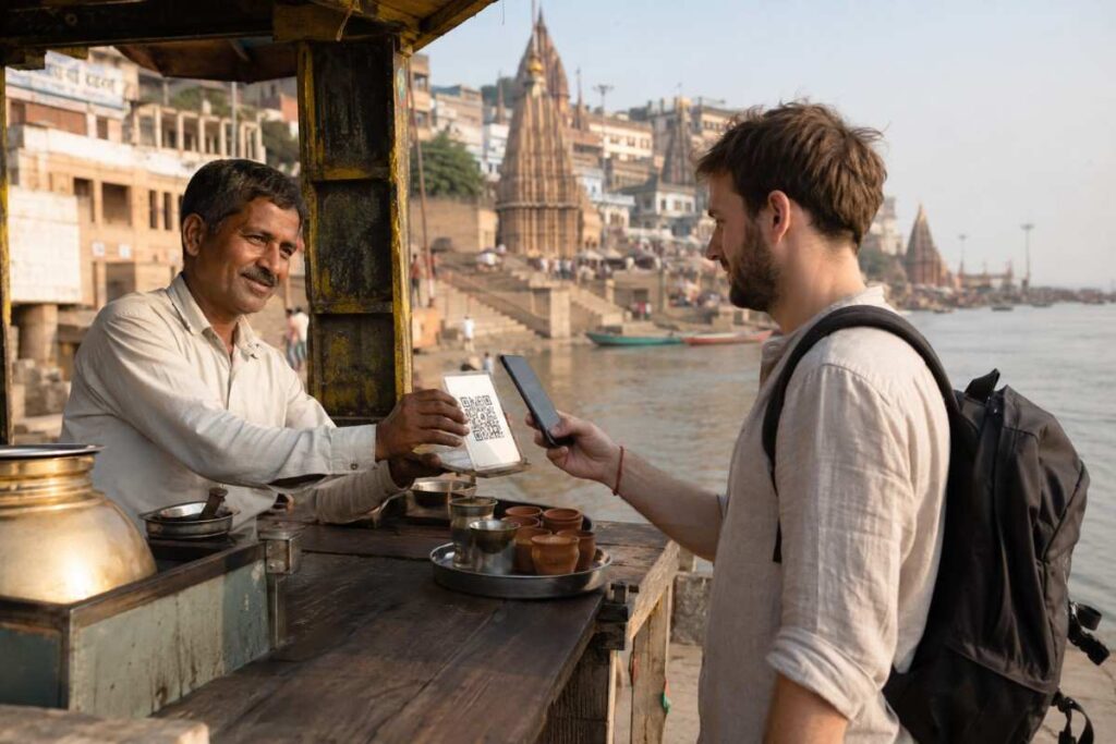 Foreign traveler paying a riverside tea vendor in Varanasi by scanning a UPI QR code with a smartphone, with the Ganges and historic ghats in the background.